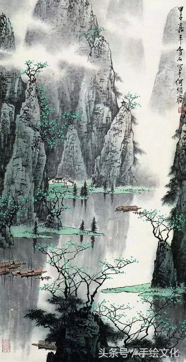 安い最新品石園 肉筆真作 「漓江春色」山水水墨画 桂林を流れる漓江を沿岸を描くことで桂林山水を表現した絵画作品。184x82cm 山水、風月