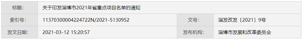 淄博市2021年省重点项目名单公布