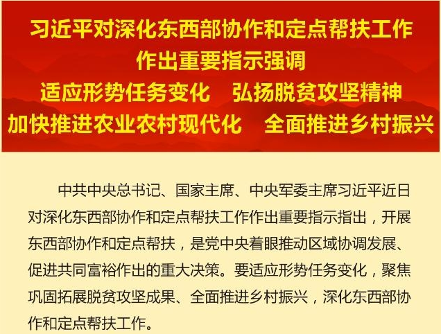 习近平对深化东西部协作和定点帮扶工作作出重要指示强调 适应形势任务变化 弘扬脱贫攻坚精神 加快推进农业农村现代化 全面推进乡村振兴