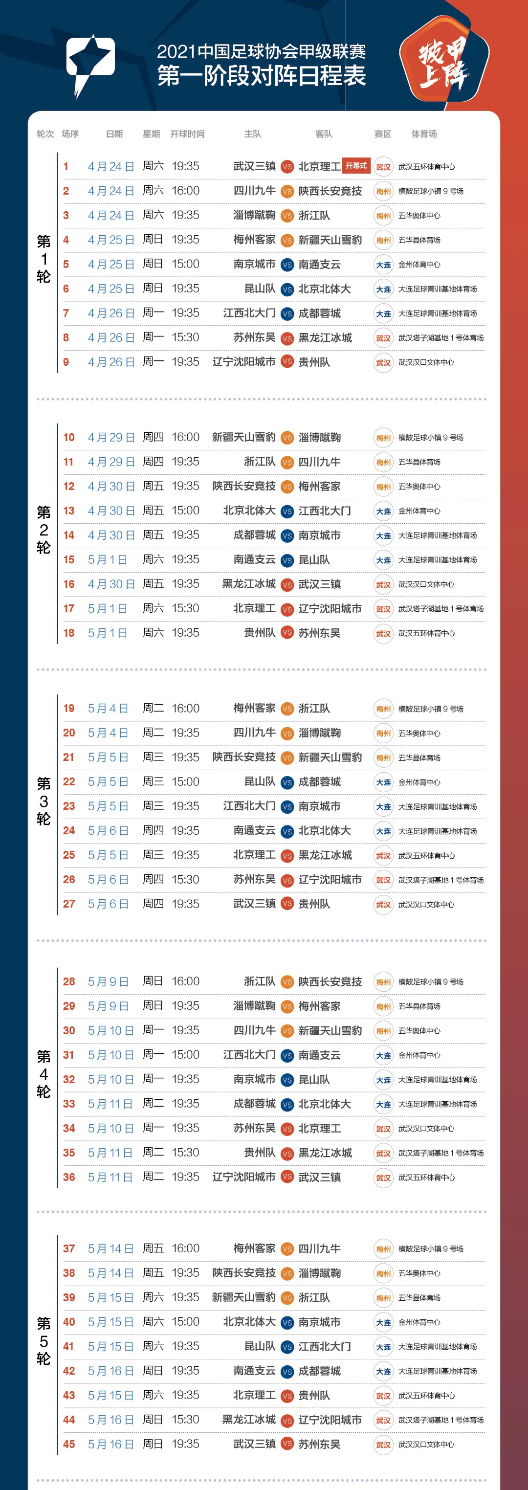 旅游天下 · 2021中国足球协会甲级联赛第一阶段对阵日程表公布