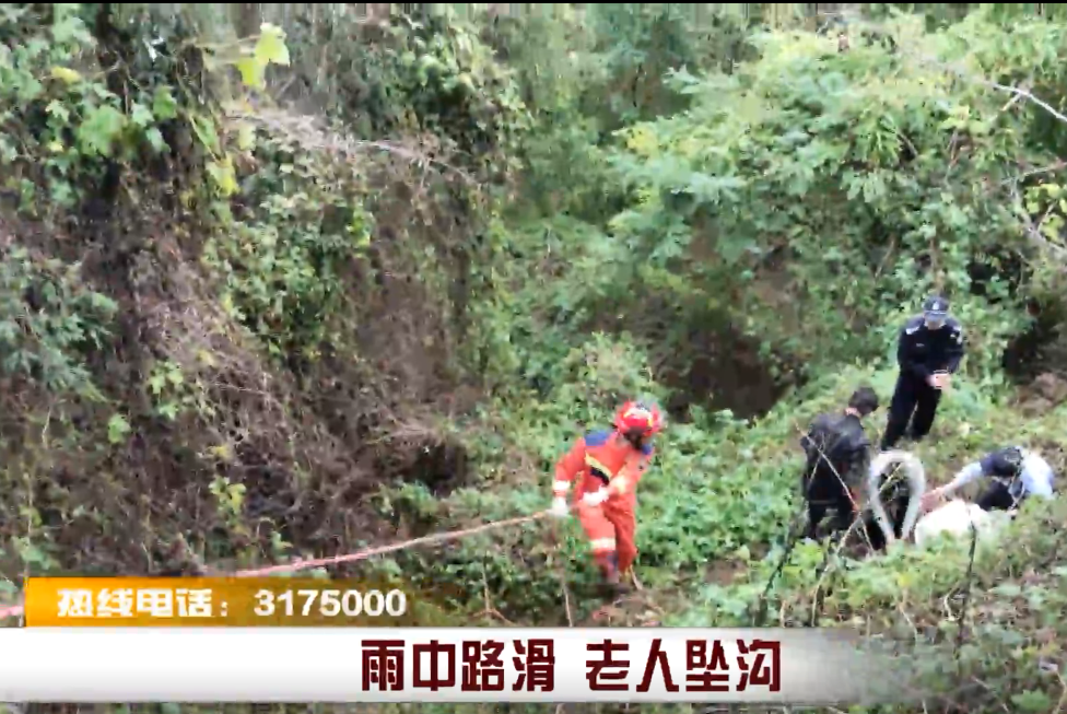 雨中路滑 老人坠沟