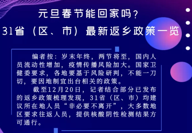 元旦春节能回家吗？各地返乡政策一览！