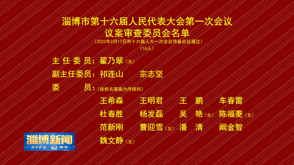 淄博市第十六届人民代表大会第一次会议议案审查委员会名单