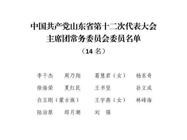 中国共产党山东省第十二次代表大会主席团常务委员会委员名单