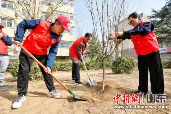 泰安市泰山区上高街道华新社区联合中建三局一公司开展义务植树联合主题党日活动。陈阳 摄