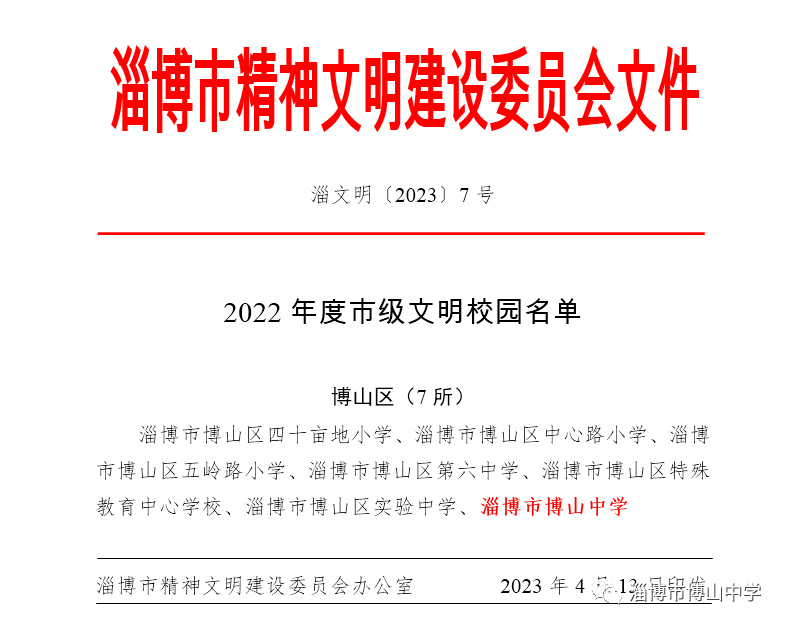 淄博市博山中学荣获“2022年度市级文明校园”——淄博市博山中学创建市级