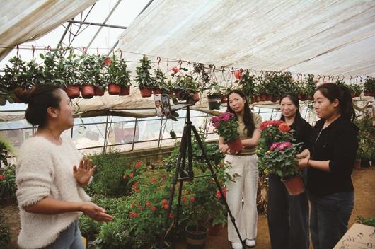 来自江苏省东海县的三位同行，到李丽梅（左）的直播间，学习交流直播经验。