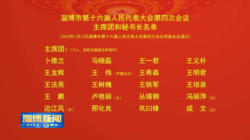 【淄博新闻】淄博市第十六届人民代表大会第四次会议主席团和秘书长名单