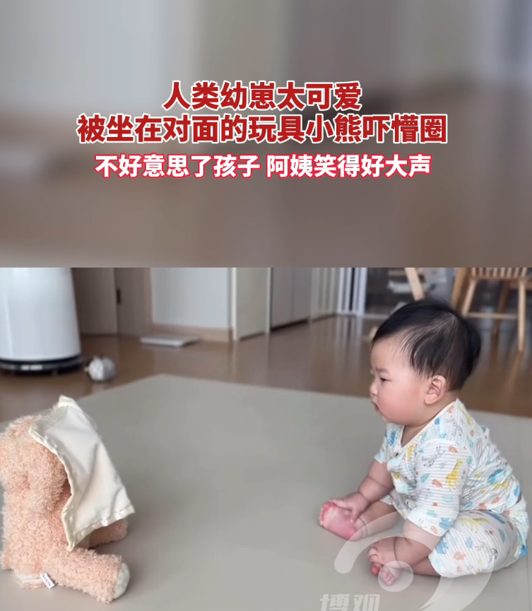 人类幼崽太可爱了，被坐在对面的小熊玩具吓懵圈