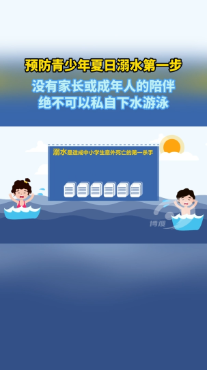 预防青少年夏日溺水第一步！没有家长或成年人的陪伴，绝不可以私自下水游泳。