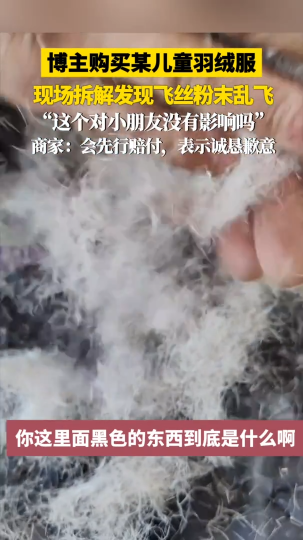 某博主购买某儿童羽绒服，现场拆解发现飞丝粉末状，质问：你这个是羽绒服吗？