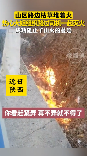 山区路边枯草堆着火，热心大姐组织路过司机一起灭火