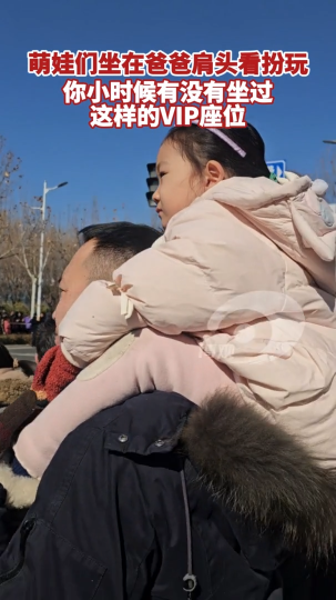 萌娃们坐在爸爸肩头看扮玩