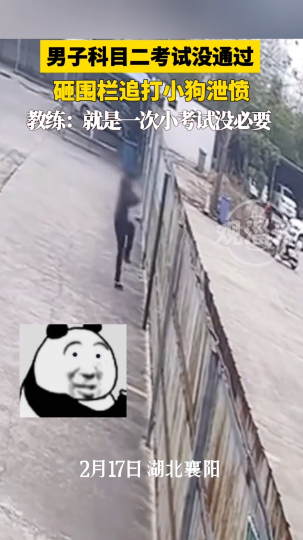 男子科目二考试没通过，下车就开始踹车门、砸围栏，用包打狗