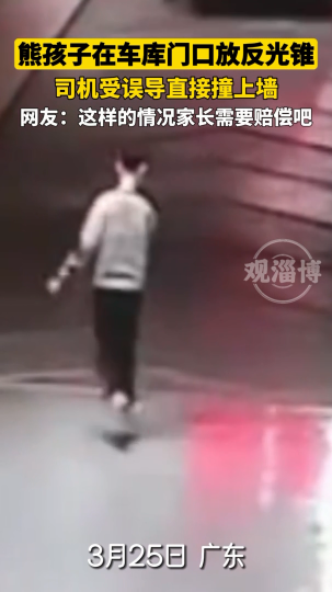 熊孩子在车库门口放反光锥，司机受误导直接撞上墙