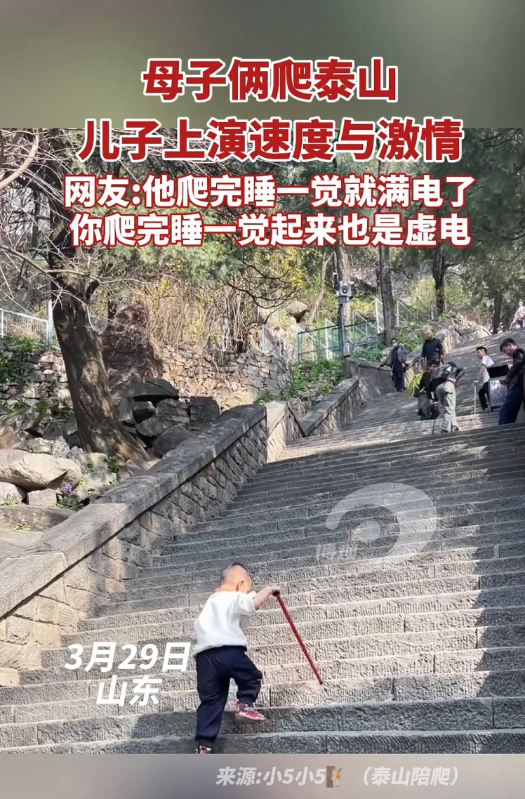 母子俩爬泰山 儿子上演速度与激情