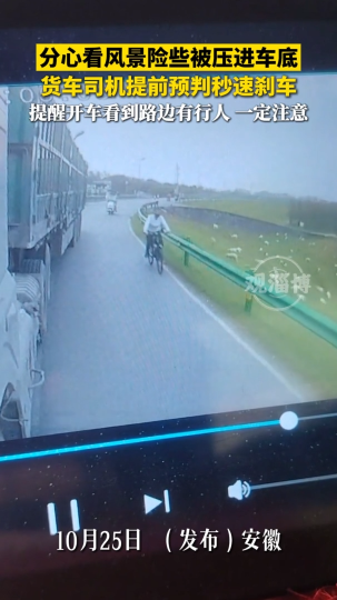 分心看风景险些被压进车底，货车司机提前预判秒速刹车