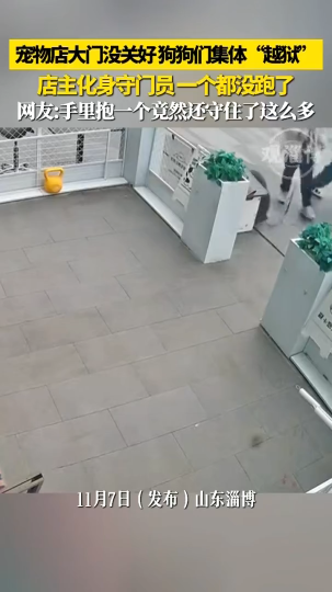 宠物店大门没关好，狗狗们集体&ldquo;越狱&rdquo;，店主化身守门员，一个都没跑了