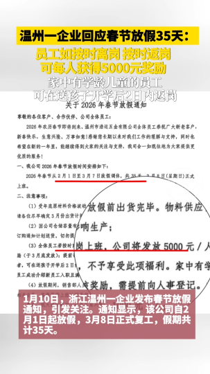 温州一企业回应春节放假35天：员工如按时离岗、按时返岗，可每人获得5000元奖励