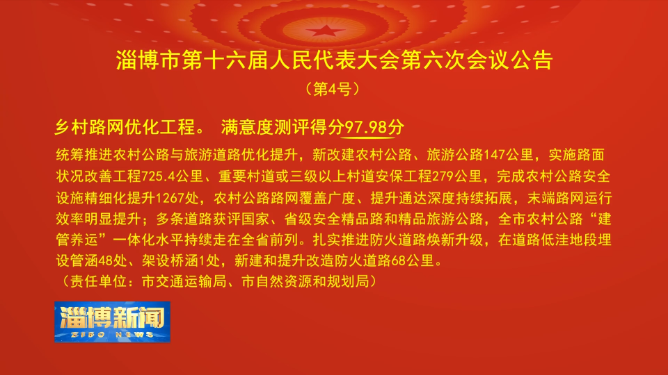 【淄博新闻】淄博市第十六届人民代表大会第六次会议公告（第4号）