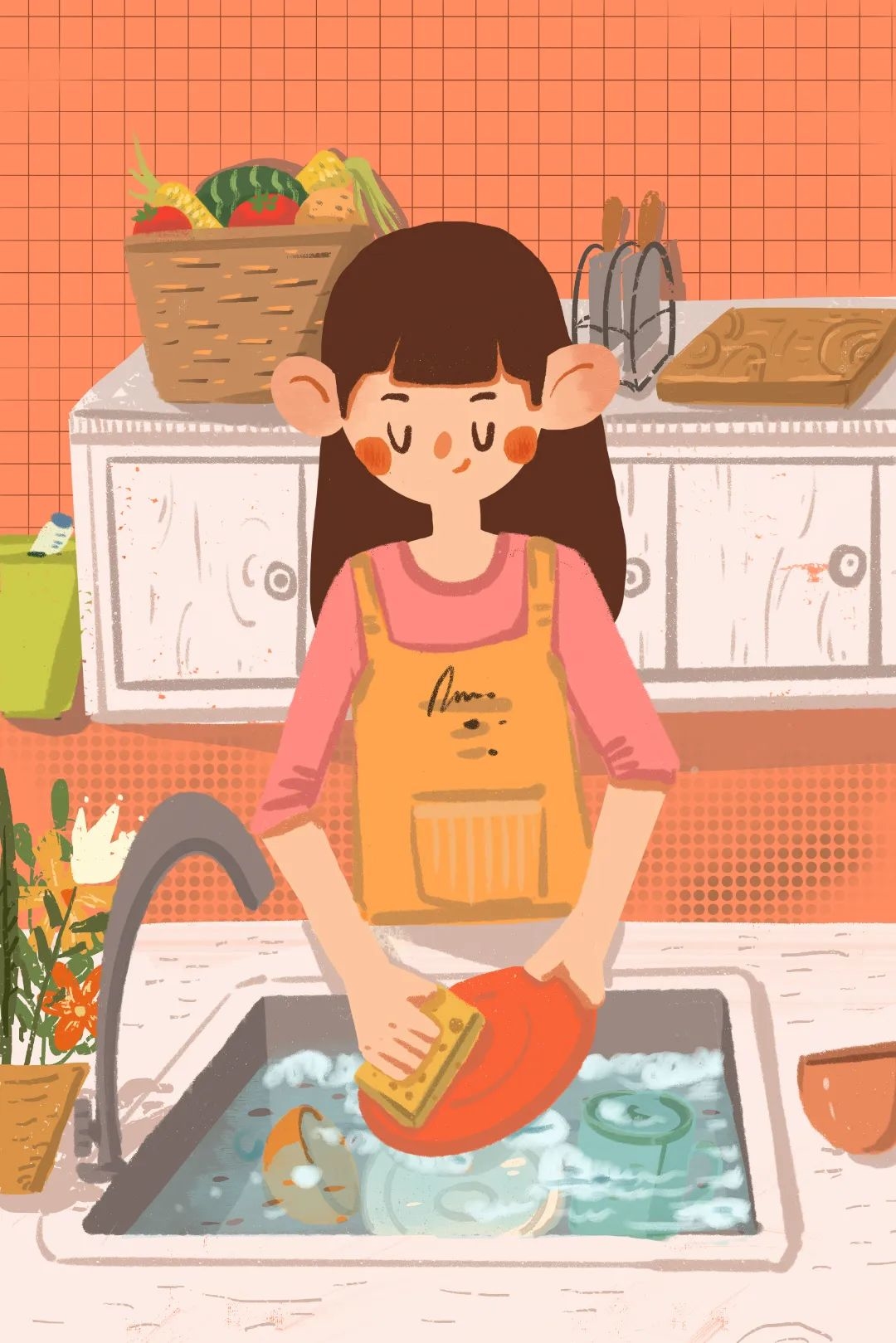 千库网_劳动节女孩洗刷碗筷干家务卡通插画_插画编号36658.jpg
